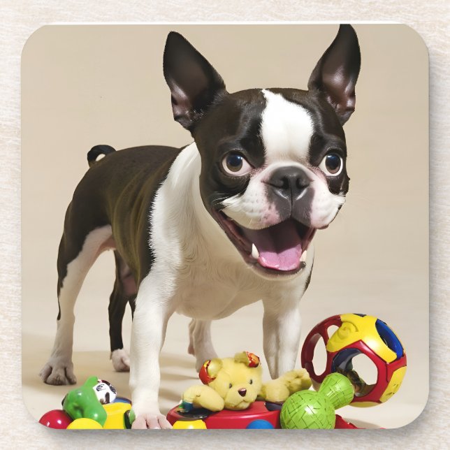 Boston Terrier Dog Playing with Toys Beverage Coaster (Front)