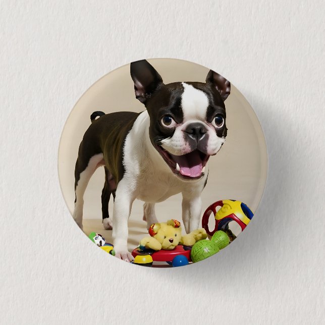 Boston Terrier Dog Playing with Toys Button (Front)
