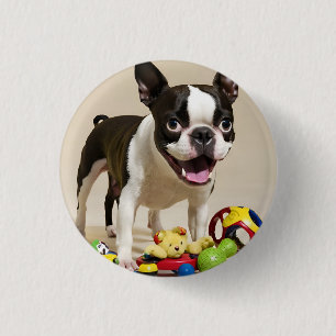 Boston Terrier Dog Playing with Toys Button