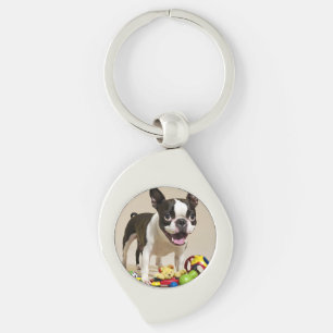 Boston Terrier Dog Playing with Toys Keychain