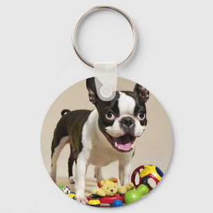 Boston Terrier Dog Playing with Toys Keychain