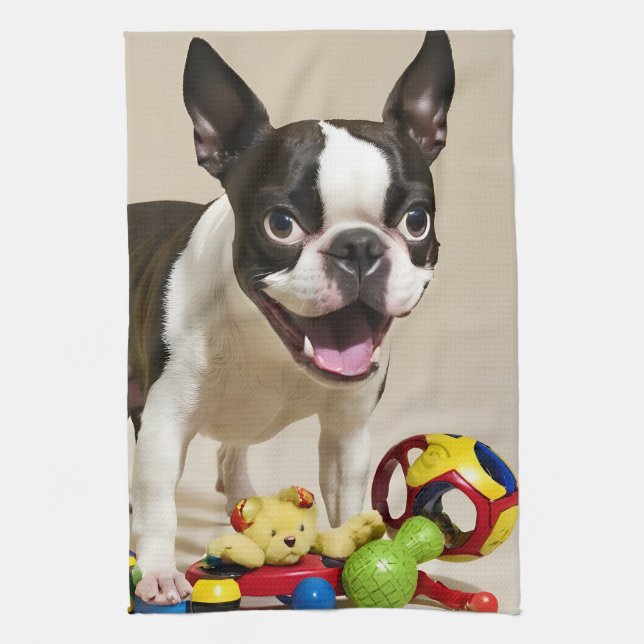 Boston Terrier Dog Playing with Toys Kitchen Towel (Vertical)