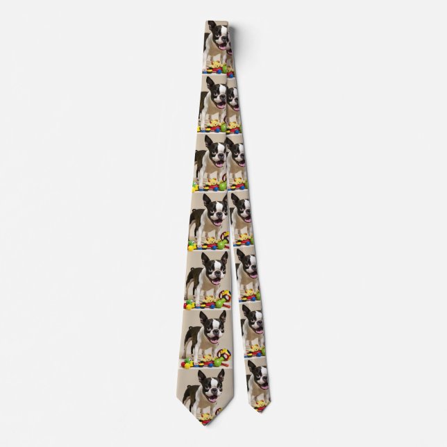 Boston Terrier Dog Playing with Toys Neck Tie (Front)