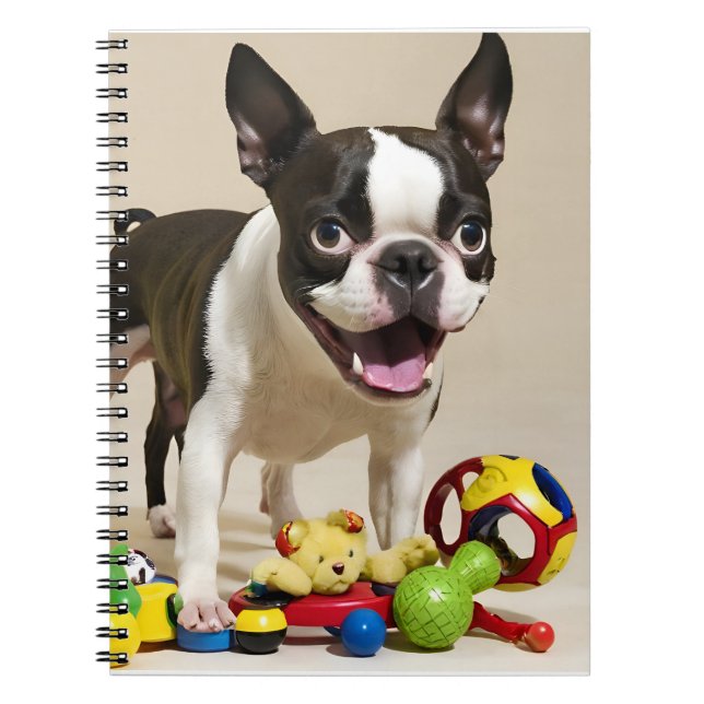 Boston Terrier Dog Playing with Toys Notebook (Front)