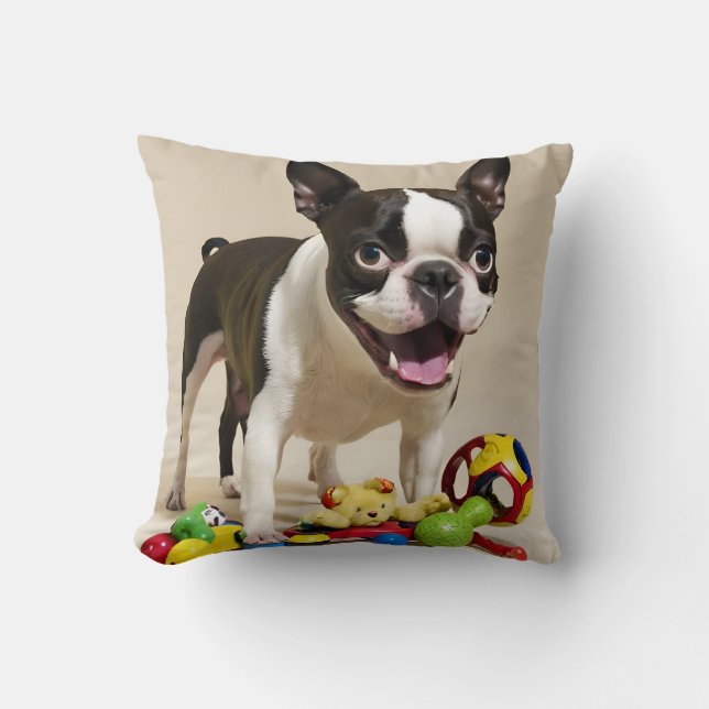 Boston Terrier Dog Playing with Toys Throw Pillow (Front)
