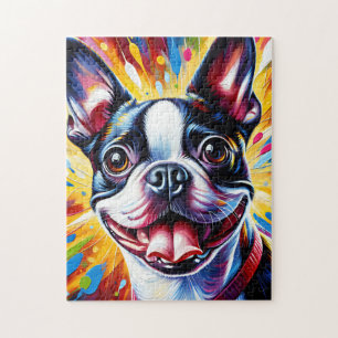 Boston Terrier Dog Portrait Acrylic Art Print Dog Jigsaw Puzzle