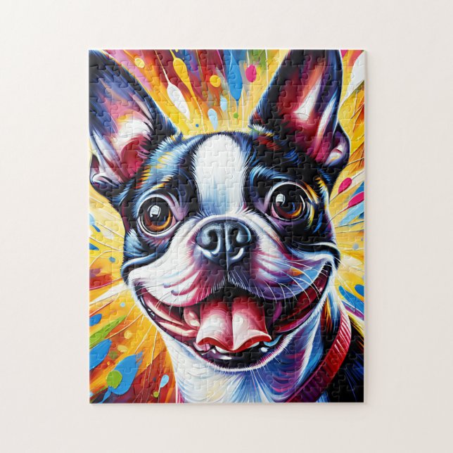 Boston Terrier Dog Portrait Acrylic Art Print Dog Jigsaw Puzzle (Vertical)