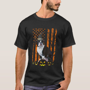 Boston Terrier Dog Pumpkin American Flag Witch Hal T-Shirt