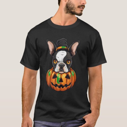 Boston Terrier Dog Pumpkin Lazy Halloween Party Co T_Shirt