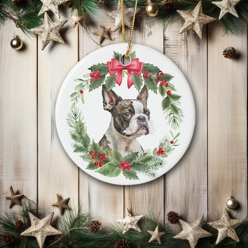 Boston Terrier Dog Red Bow Holly Wreath Ceramic Ornament