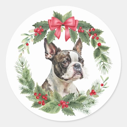 Boston Terrier Dog Red Bow Holly Wreath Classic Round Sticker