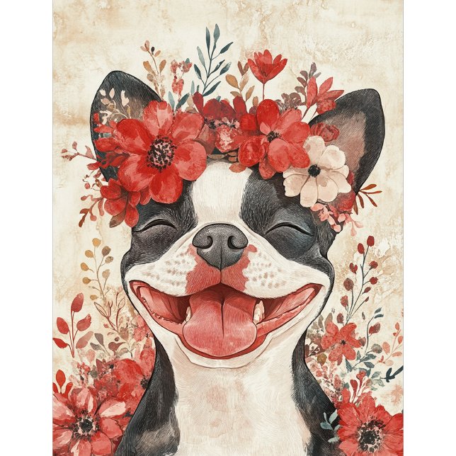 Boston Terrier Dog Red Floral Poker Cards (Creator Uploaded)