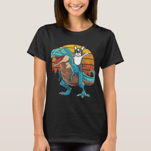 Boston Terrier Dog Riding Dinosaur T Rex Boys T_Shirt