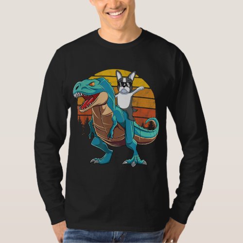 Boston Terrier Dog Riding Dinosaur T Rex Boys T_Shirt