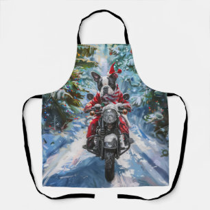 Boston Terrier Dog Riding Motorcycle Christmas Apron