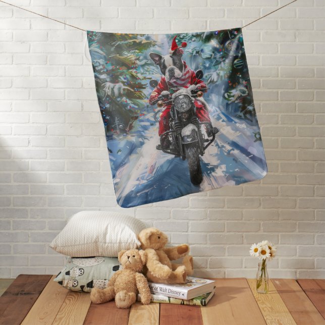 Boston Terrier Dog Riding Motorcycle Christmas Baby Blanket (In Situ)