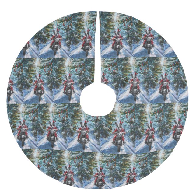 Boston Terrier Dog Riding Motorcycle Christmas Brushed Polyester Tree Skirt (Front)