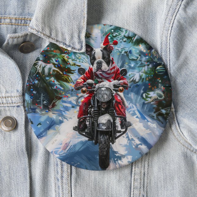 Boston Terrier Dog Riding Motorcycle Christmas Button (In Situ)