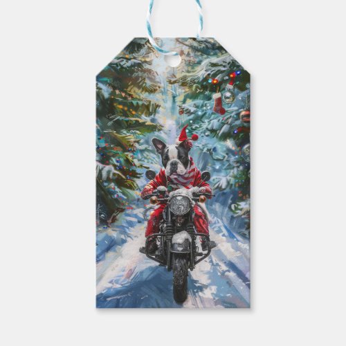 Boston Terrier Dog Riding Motorcycle Christmas Gift Tags