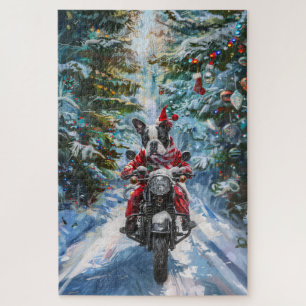 Boston Terrier Dog Riding Motorcycle Christmas Jigsaw Puzzle
