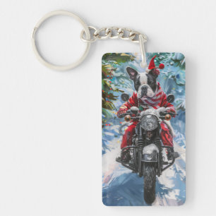 Boston Terrier Dog Riding Motorcycle Christmas Keychain