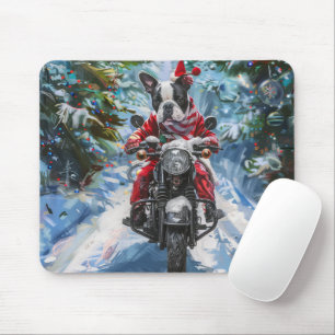 Boston Terrier Dog Riding Motorcycle Christmas Mouse Pad