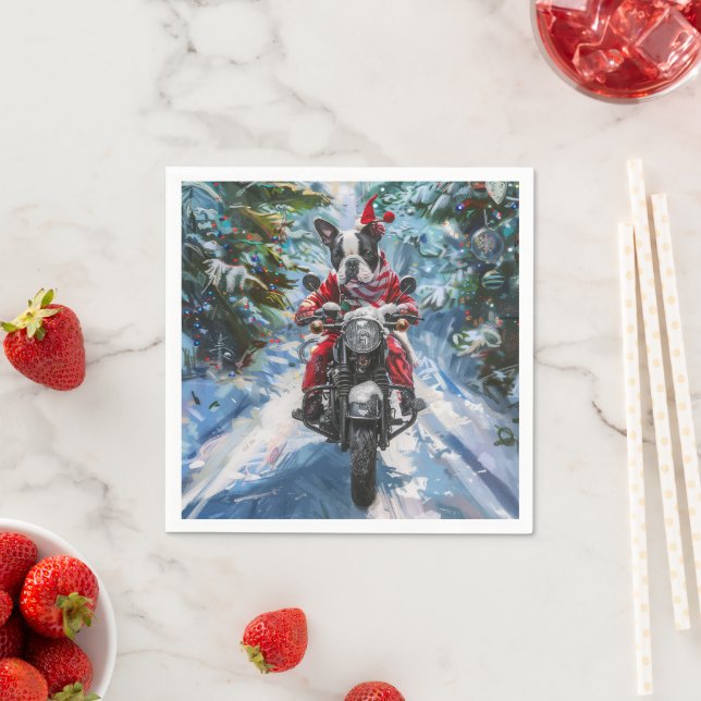 Boston Terrier Dog Riding Motorcycle Christmas Napkins (Insitu)
