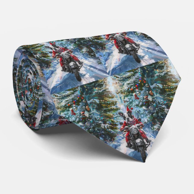 Boston Terrier Dog Riding Motorcycle Christmas Neck Tie (Rolled)