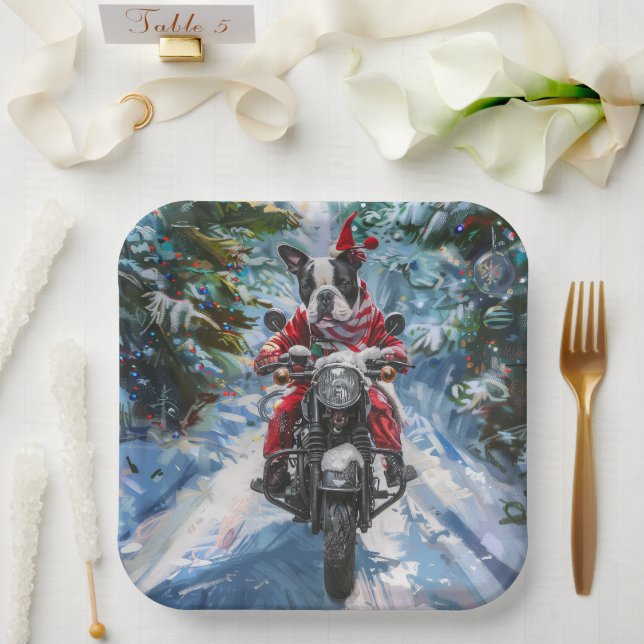 Boston Terrier Dog Riding Motorcycle Christmas Paper Plates (Wedding)