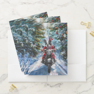 Boston Terrier Dog Riding Motorcycle Christmas Pocket Folder