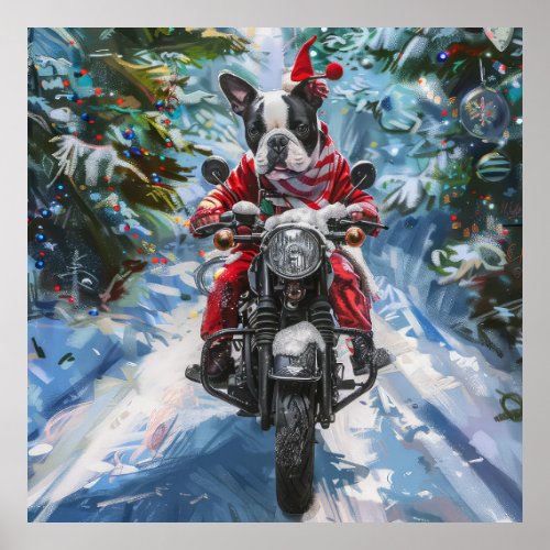 Boston Terrier Dog Riding Motorcycle Christmas Poster