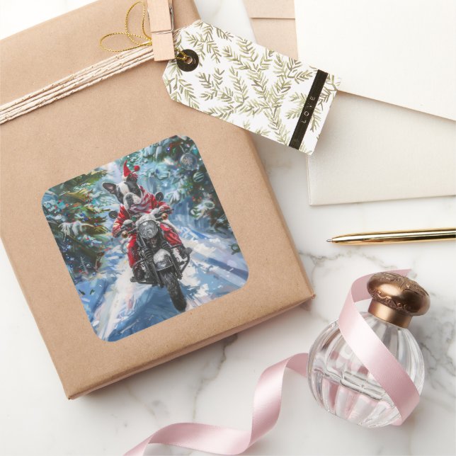 Boston Terrier Dog Riding Motorcycle Christmas Square Sticker (Gifting)