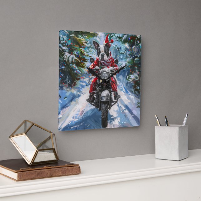 Boston Terrier Dog Riding Motorcycle Christmas Square Wall Clock (Office)