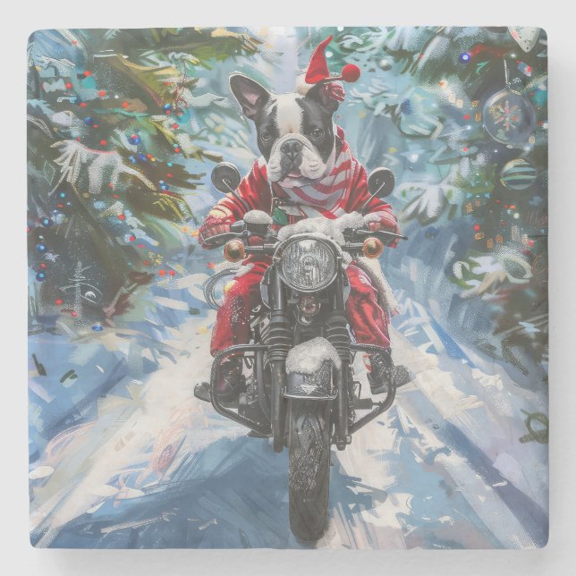 Boston Terrier Dog Riding Motorcycle Christmas Stone Coaster (Front)
