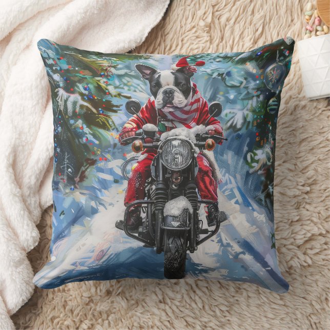 Boston Terrier Dog Riding Motorcycle Christmas Throw Pillow (Blanket)