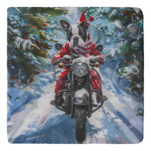 Boston Terrier Dog Riding Motorcycle Christmas Trivet