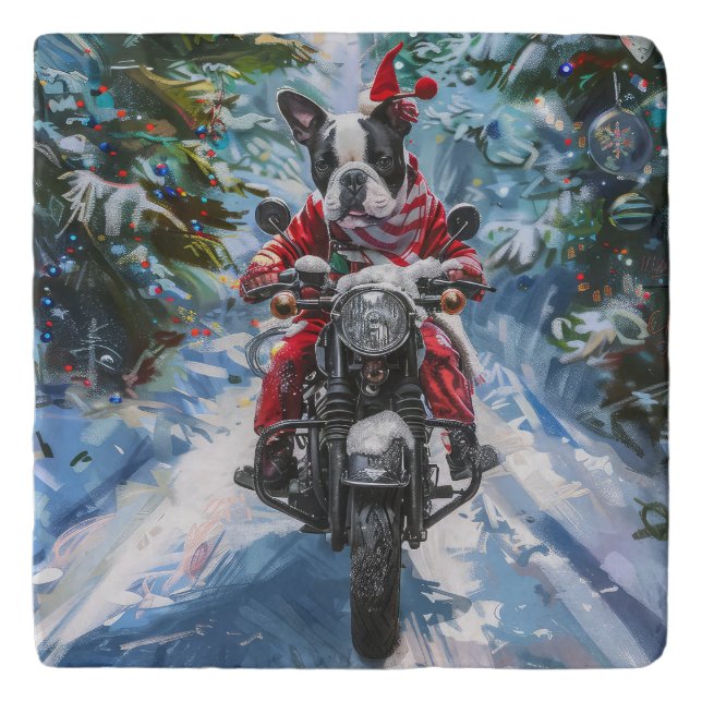 Boston Terrier Dog Riding Motorcycle Christmas Trivet (Front)