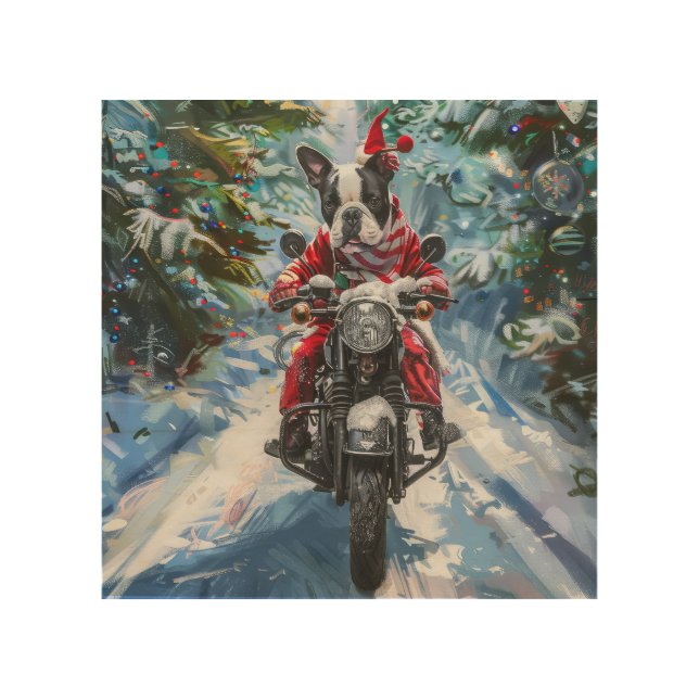 Boston Terrier Dog Riding Motorcycle Christmas Wood Wall Art (Front)