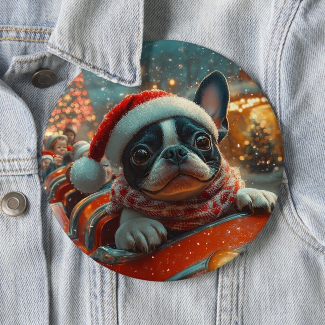 Boston Terrier Dog Roller Coaster Christmas Button (In Situ)