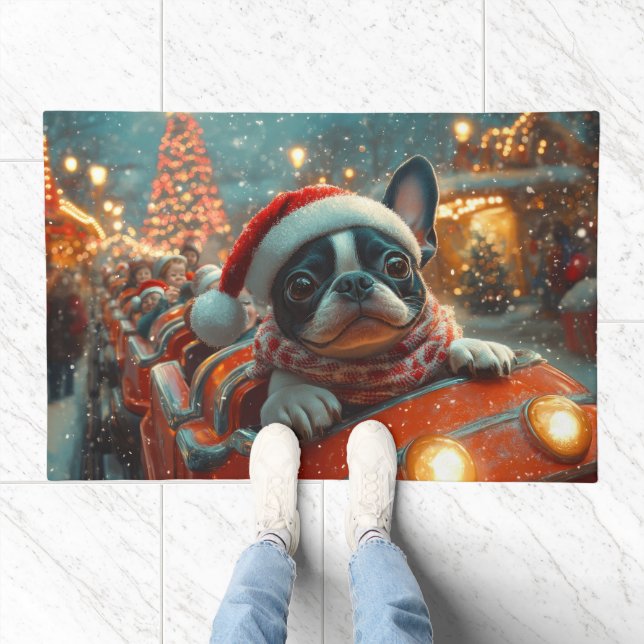 Boston Terrier Dog Roller Coaster Christmas Doormat (Indoor)