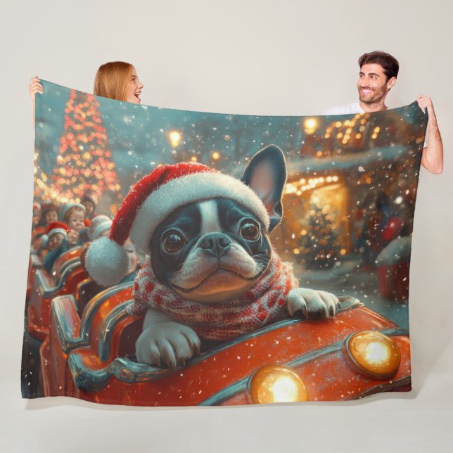 Boston Terrier Dog Roller Coaster Christmas Fleece Blanket (In Situ)