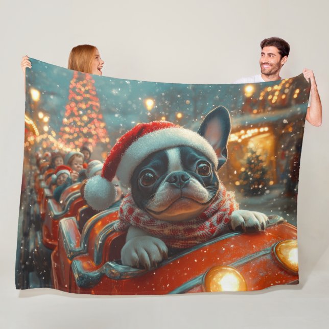 Boston Terrier Dog Roller Coaster Christmas Fleece Blanket (In Situ)