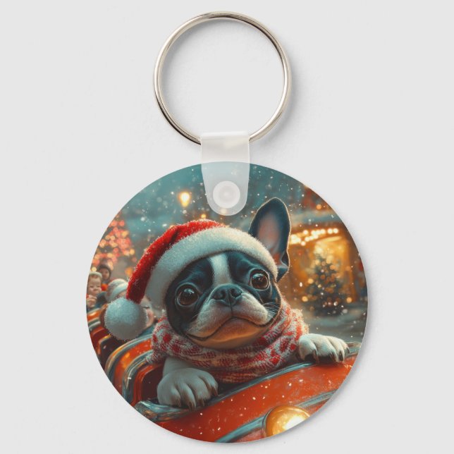 Boston Terrier Dog Roller Coaster Christmas Keychain (Front)