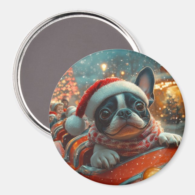 Boston Terrier Dog Roller Coaster Christmas Magnet (Front/Back)