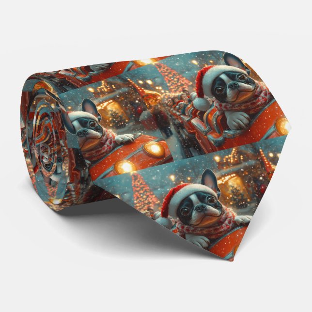 Boston Terrier Dog Roller Coaster Christmas Neck Tie (Rolled)