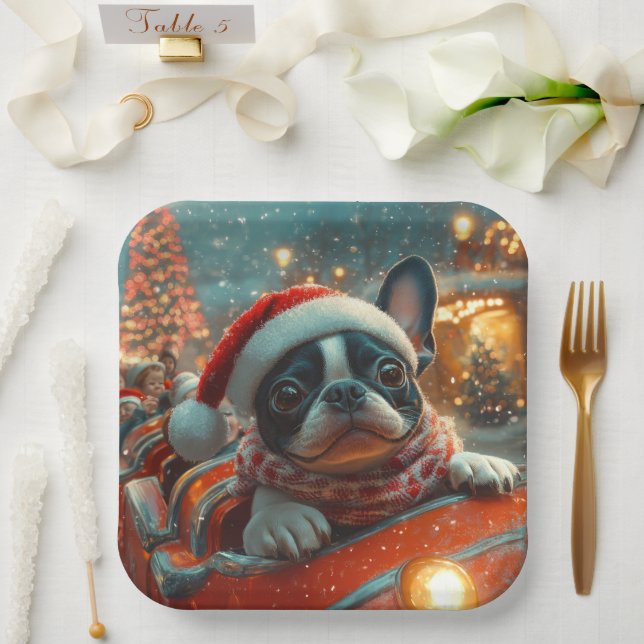 Boston Terrier Dog Roller Coaster Christmas Paper Plates (Wedding)