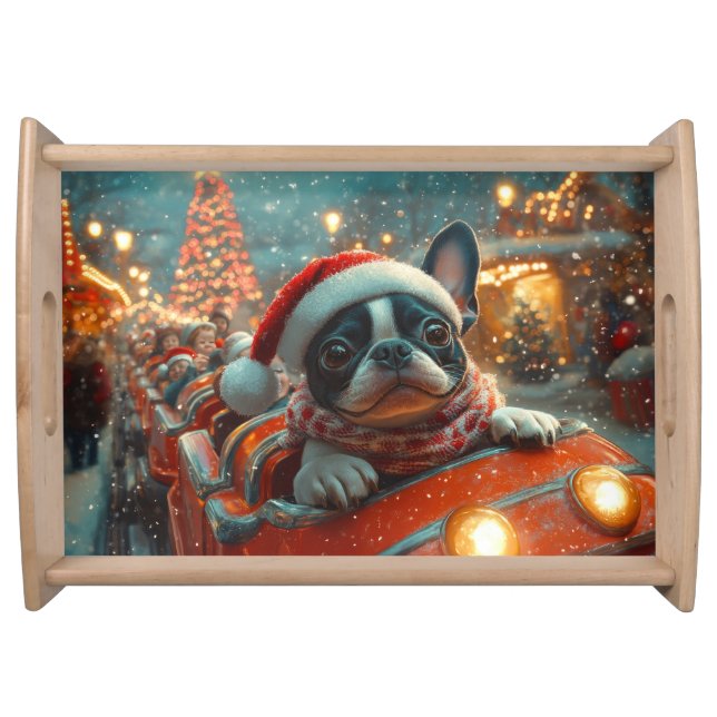 Boston Terrier Dog Roller Coaster Christmas Serving Tray (Front)