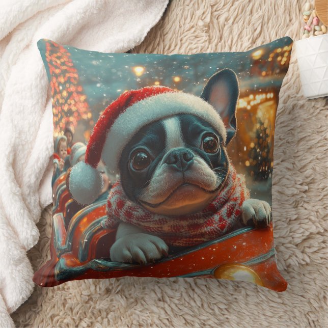 Boston Terrier Dog Roller Coaster Christmas Throw Pillow (Blanket)