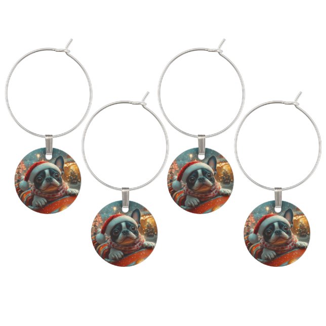 Boston Terrier Dog Roller Coaster Christmas Wine Charm (Staggered)