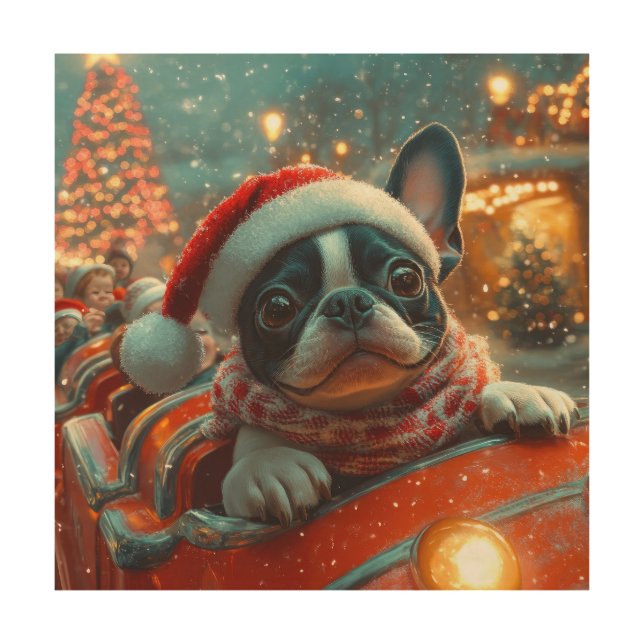 Boston Terrier Dog Roller Coaster Christmas Wood Wall Art (Front)